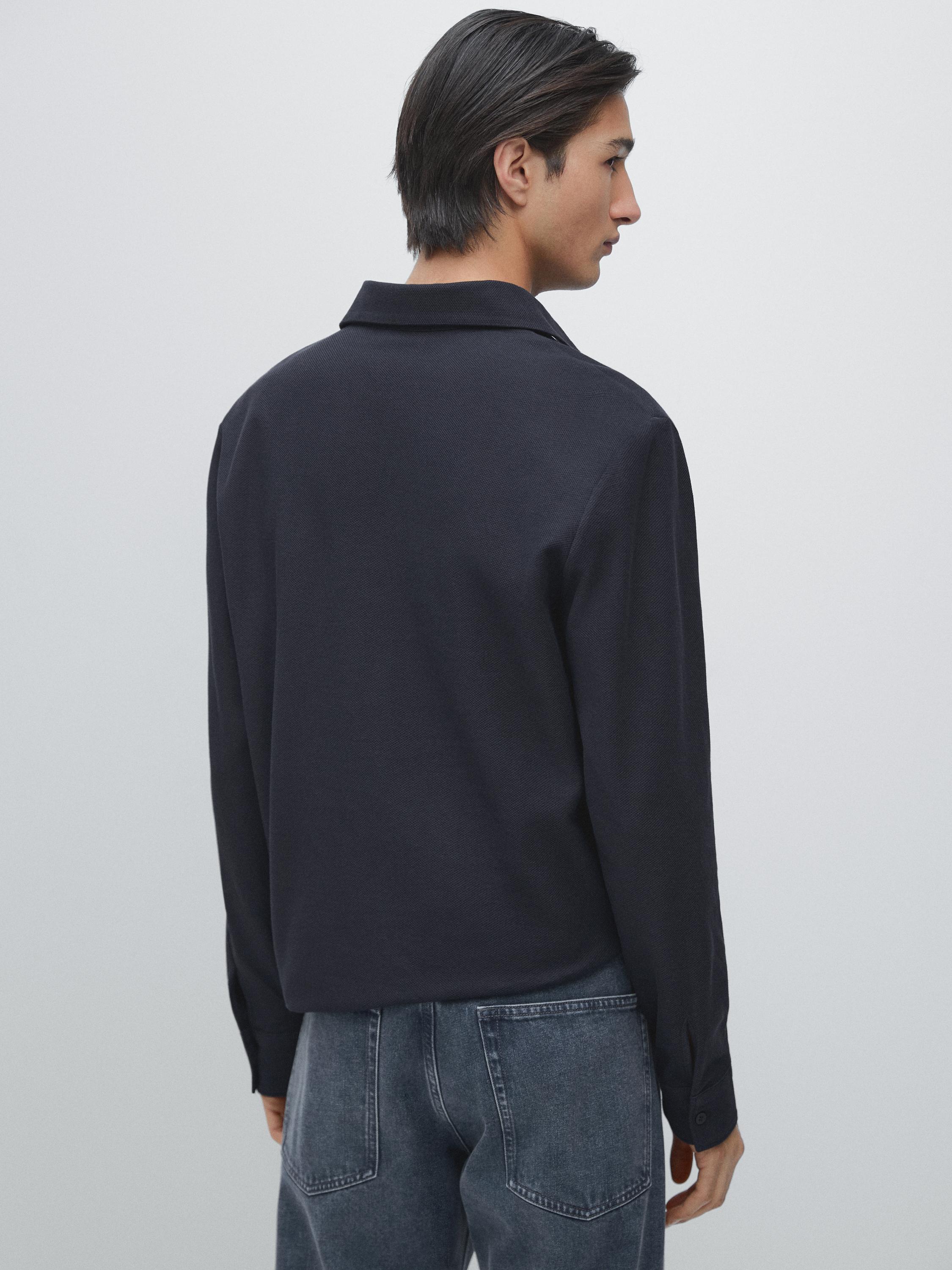 Textured piqué polo shirt with long sleeves